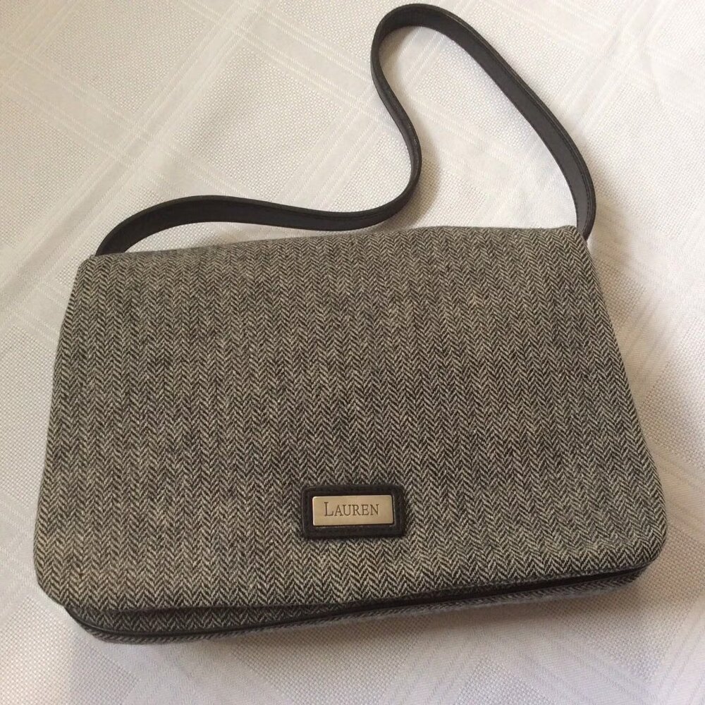 Early 2000 vintage Ralph Lauren black tweed and leather baguette handbag - great